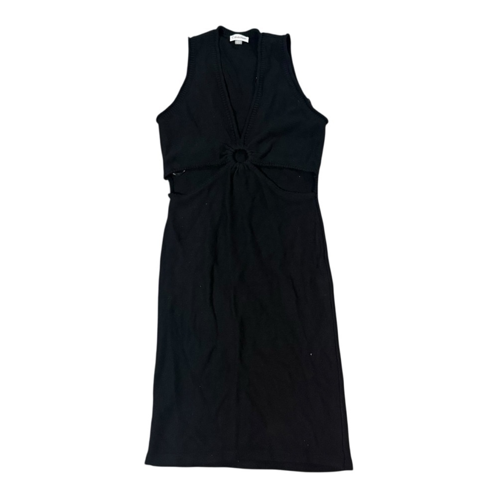 Calvin Klein Cut Out Midi Dress Ribbed Knit Sz M NEW Black 100% Cotton - Picture 2 of 5